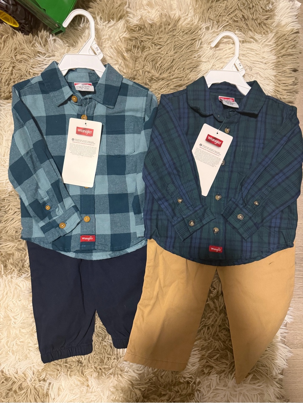 Wrangler Boys' Plaid Shirt & Pant Sets - Blue, Navy, Green, Tan